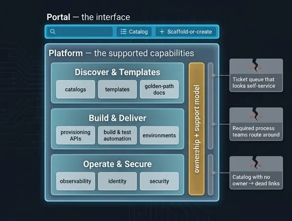 Cutaway showing a thin developer portal interface above the platform capabilities, ownership, and support model that must exist beneath it