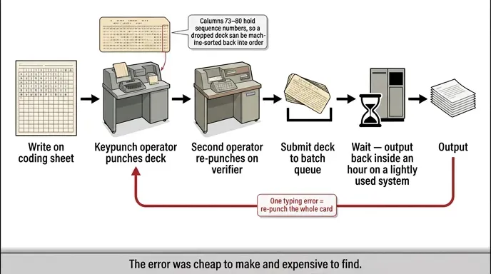 Punch card workflow loop from coding sheet to batch output, with a single typing error sending the deck back to re-punching
