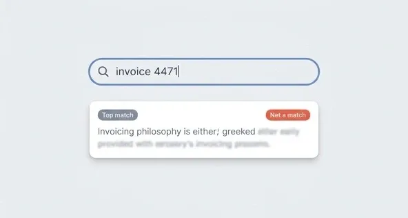 Mock search box showing the query "invoice 4471" returning an unrelated result about invoicing philosophy