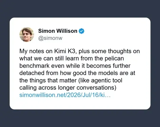 A post by Simon Willison about Kimi K3, noting lessons from the pelican benchmark and long-conversation agentic tool use