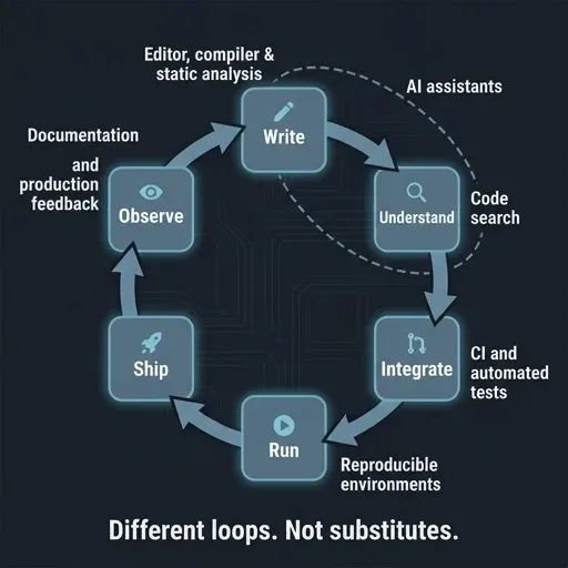 Software delivery loop with six tool categories attached at the stage each one shortens, from static analysis at write time to observability in production