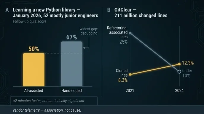 Quiz scores 50 versus 67 percent beside GitClear's falling refactoring and rising code-clone lines