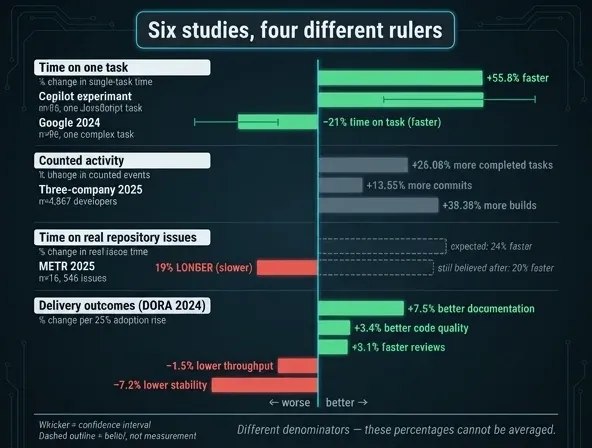 Bar chart comparing six AI productivity studies, each labelled with the different outcome it measured