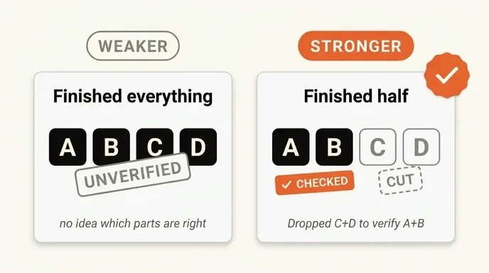 Two interview submissions compared, where half the work verified outranks all of it unchecked