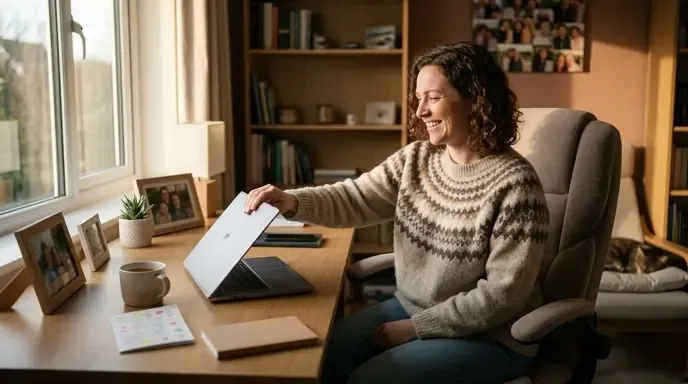 Satisfied remote professional closing their laptop after a productive and balanced day