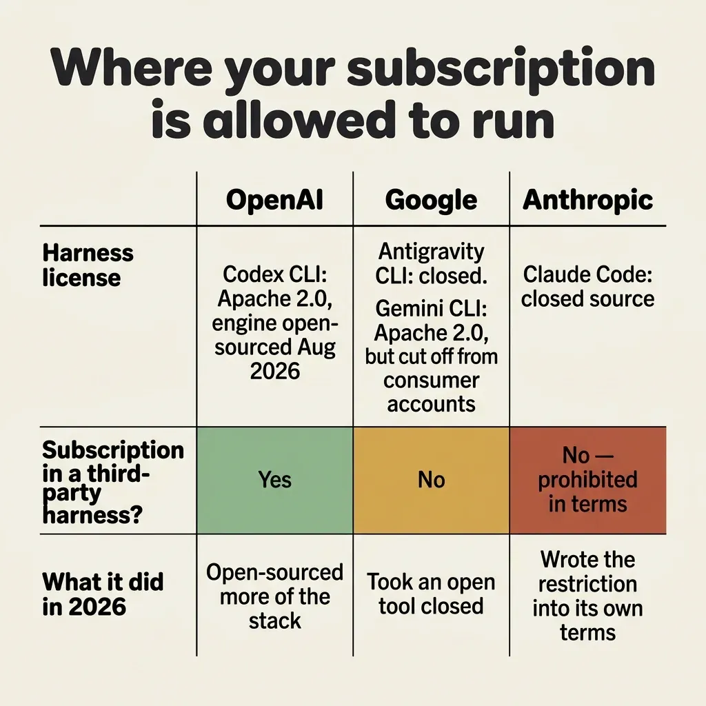 Table comparing OpenAI, Google and Anthropic on harness licensing and subscription portability