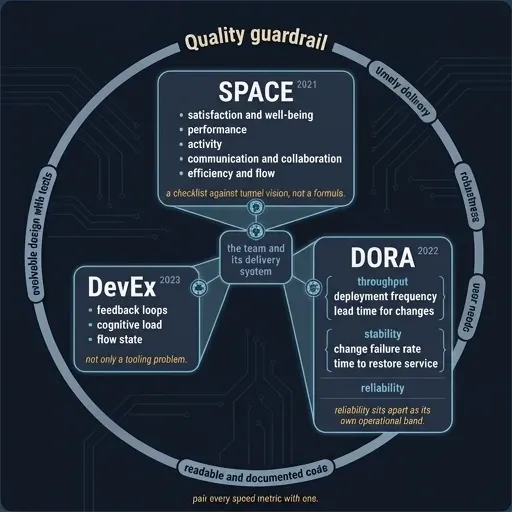 SPACE, DevEx and DORA shown as three lenses on one delivery system, ringed by a quality guardrail