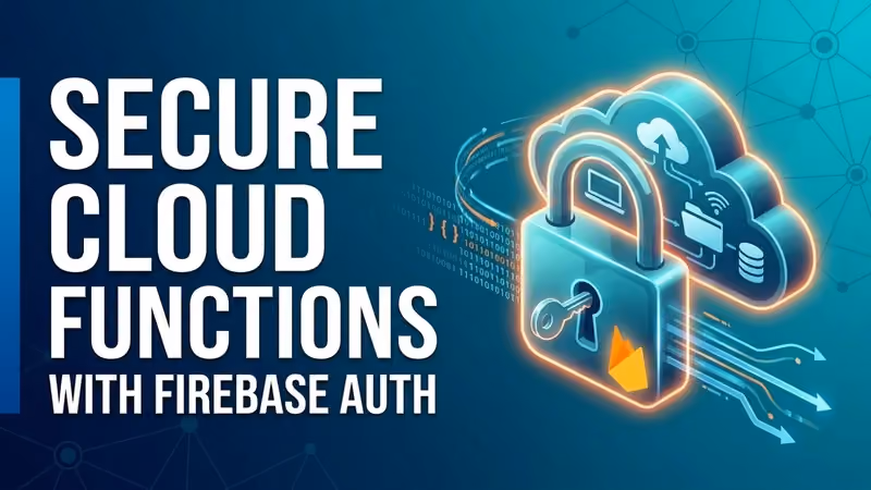 Firebase logo beside low-poly clouds on a split orange and blue background, titled "Authenticating Cloud Functions"