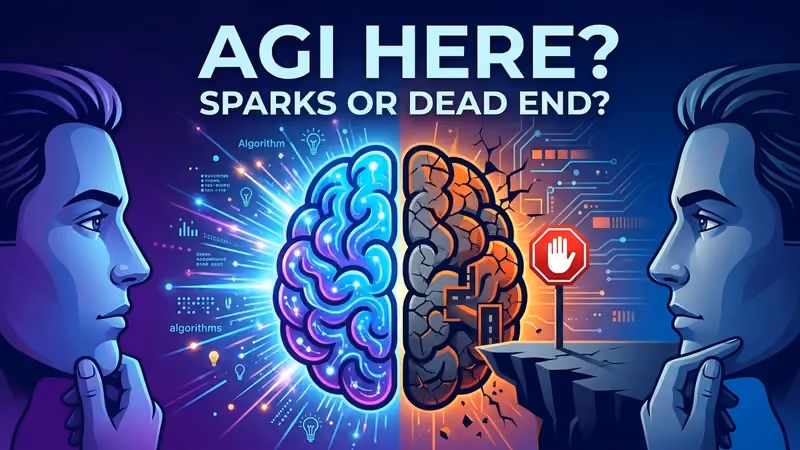 Split-brain illustration between two facing silhouettes: one half glowing blue and intact with algorithm and lightbulb icons, the other half cracked and leading to a cliff with a red stop-hand sign, titled "AGI Here? Sparks or Dead End?"