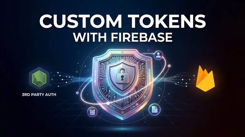 Illustration of a hand unlocking a phone and desktop screen next to the Firebase and TypeScript/Node.js logos