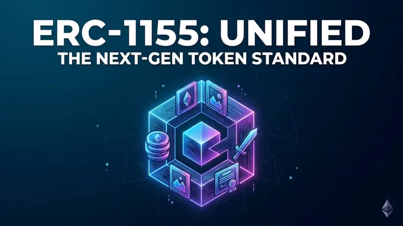 Bitcoin and Ethereum coins dissolving into a stream of NFT tokens, titled "Understanding ERC-1155"
