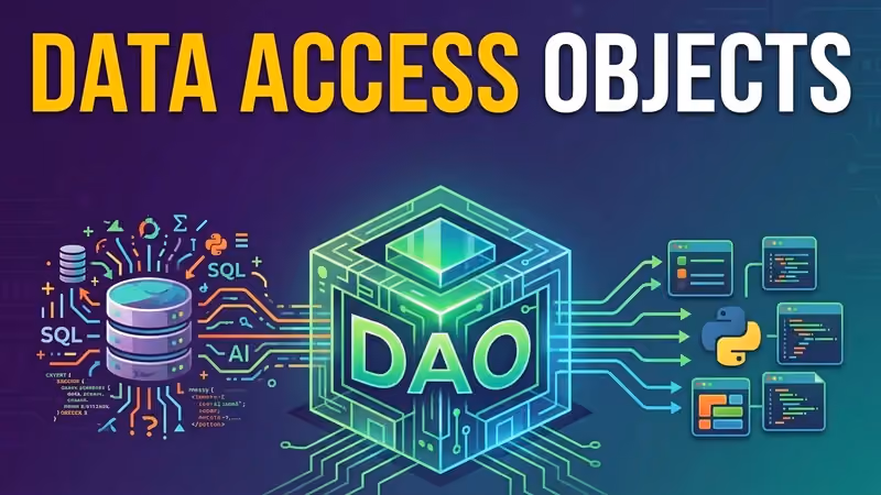 A glowing DAO cube linking a SQL database icon to Python and code file icons
