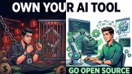 Developer shackled to a caged AI robot beside one freely coding with open source