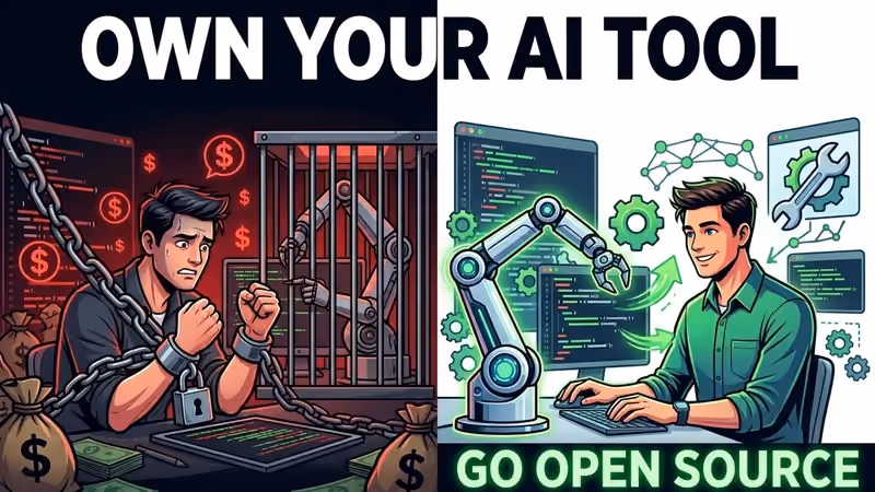 Developer shackled to a caged AI robot beside one freely coding with open source