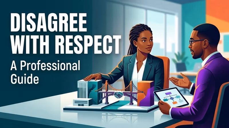 Line illustration of coworkers arguing around a conference table covered in papers, titled "How to Disagree Respectfully"