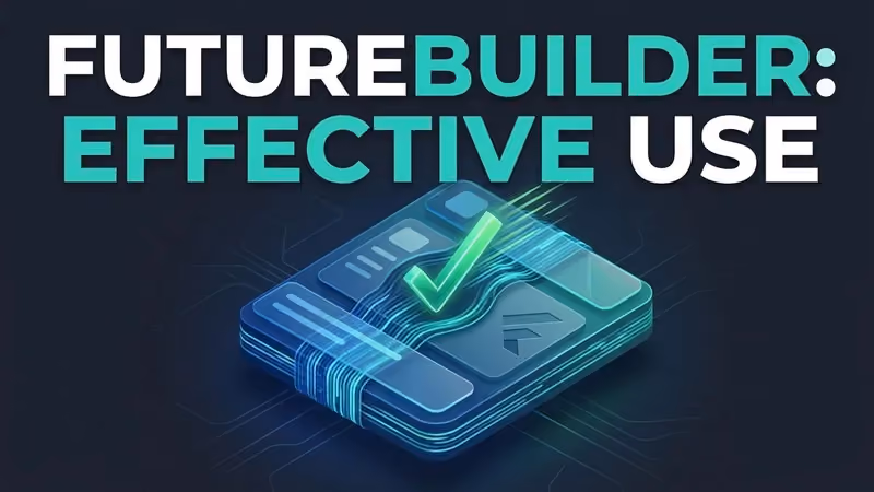 Aerial view of a construction worker in a hard hat holding a laptop, titled "Flutter Future Builder"