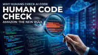 A hand's magnifying glass reveals flagged bugs and an outage risk in on-screen code