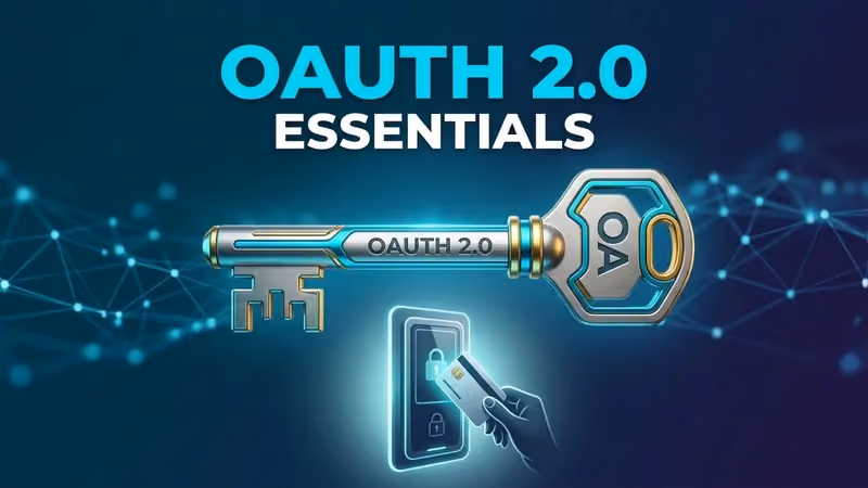 "OAuth 2.0 Essentials" title over a blue binary-code background