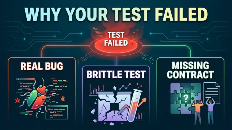 Flowchart splitting a failed test into three causes: real bug, brittle test, or missing contract