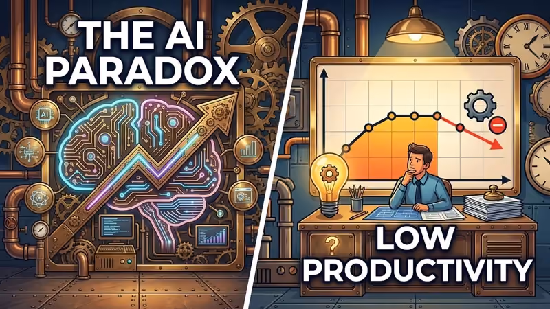Neon circuit brain labeled 'The AI Paradox' beside a worker facing a falling productivity chart