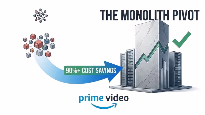 Amazon Prime Video logo with an arrow curving from a crossed-out "Microservices" label to a checked "Monolith" label
