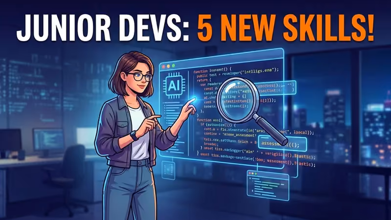 Illustrated developer examining glowing AI-generated code with a magnifying glass