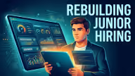 Engineer with a laptop beside a dashboard scoring verification, judgment, and depth, titled "Rebuilding Junior Hiring"