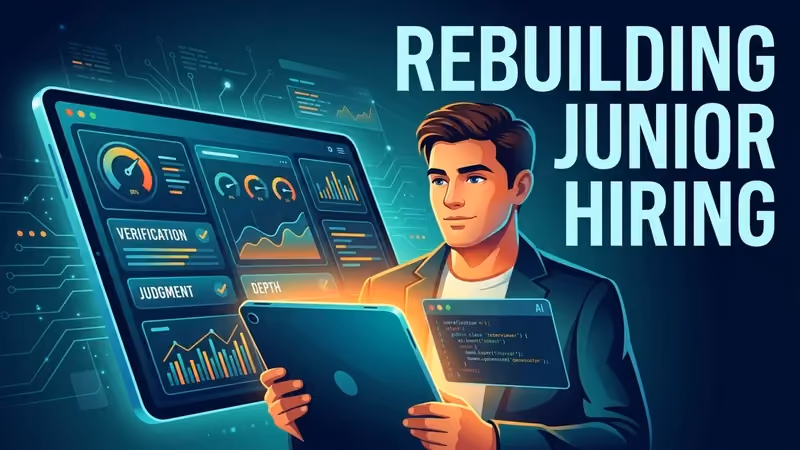 Engineer with a laptop beside a dashboard scoring verification, judgment, and depth, titled "Rebuilding Junior Hiring"