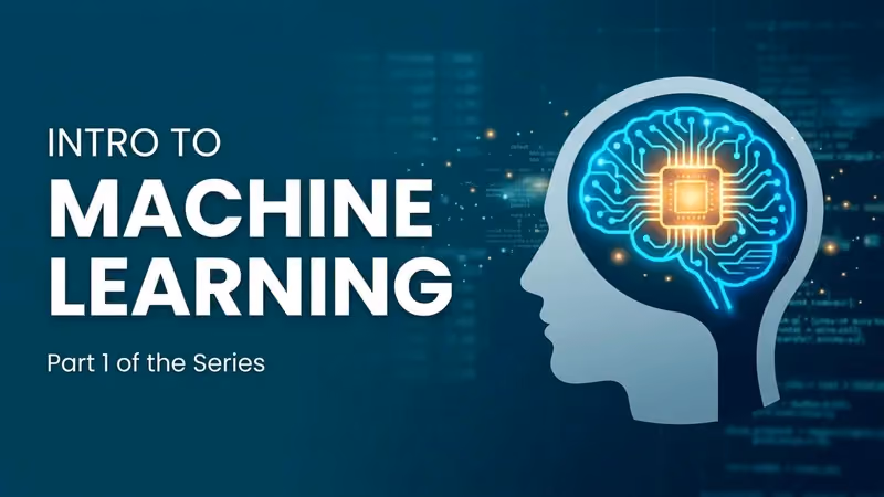 Split illustration of a robotic head with a circuit-brain graphic beside an abstract neural network node map, titled "Introduction to Machine Learning"