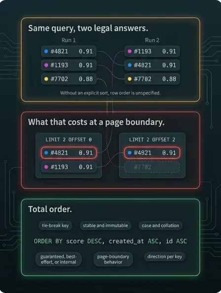 Two tied rows returned in different orders, the duplicate row that causes across a page boundary, and the total-order fix