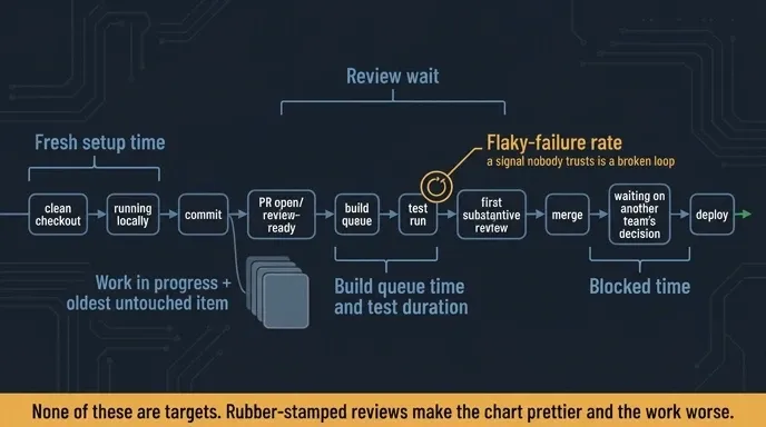 Delivery pipeline from checkout to deploy with six queue markers showing where work waits